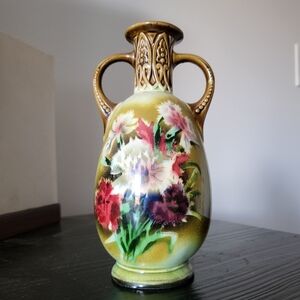 Vintage Czechoslovakia Double Handled Vase Carnation Bouquet